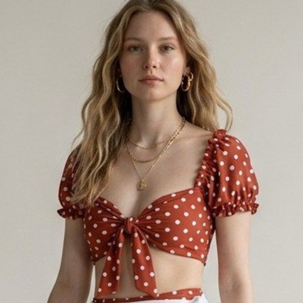 Skin by Same Polka Dot Off the Shoulder Puff Sleeve Bikini Top Brick Orange XS